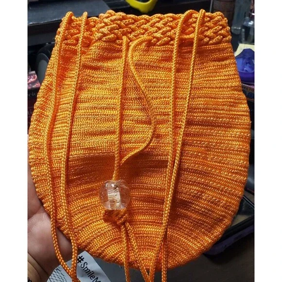 Donna Karan New York Orange Bag Purse Woven Evening Drawstring Pouch Crossbody